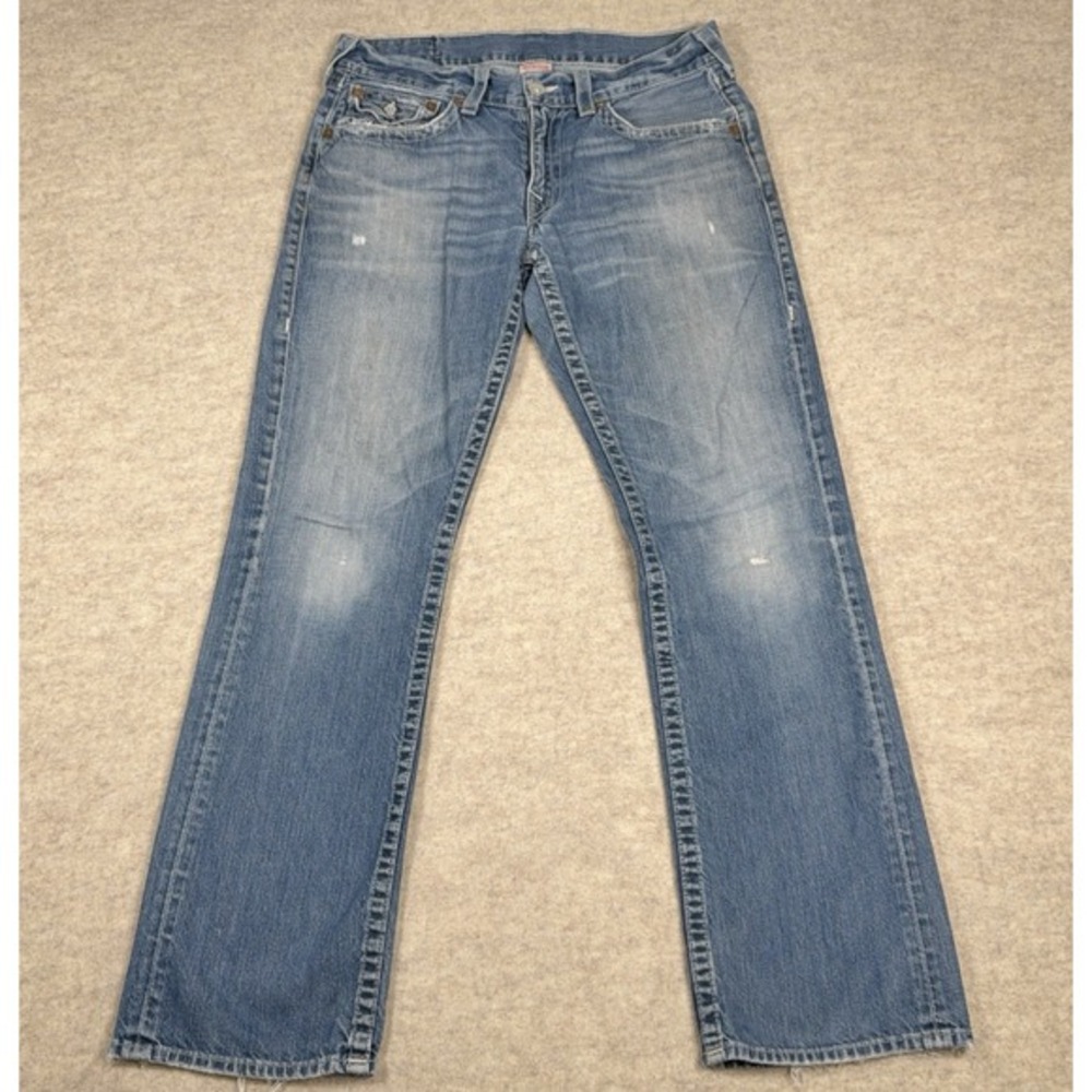 True Religion Straight Leg Jeans Flaps Blue‎ Distressed Mens 33x31 Denim *Read*